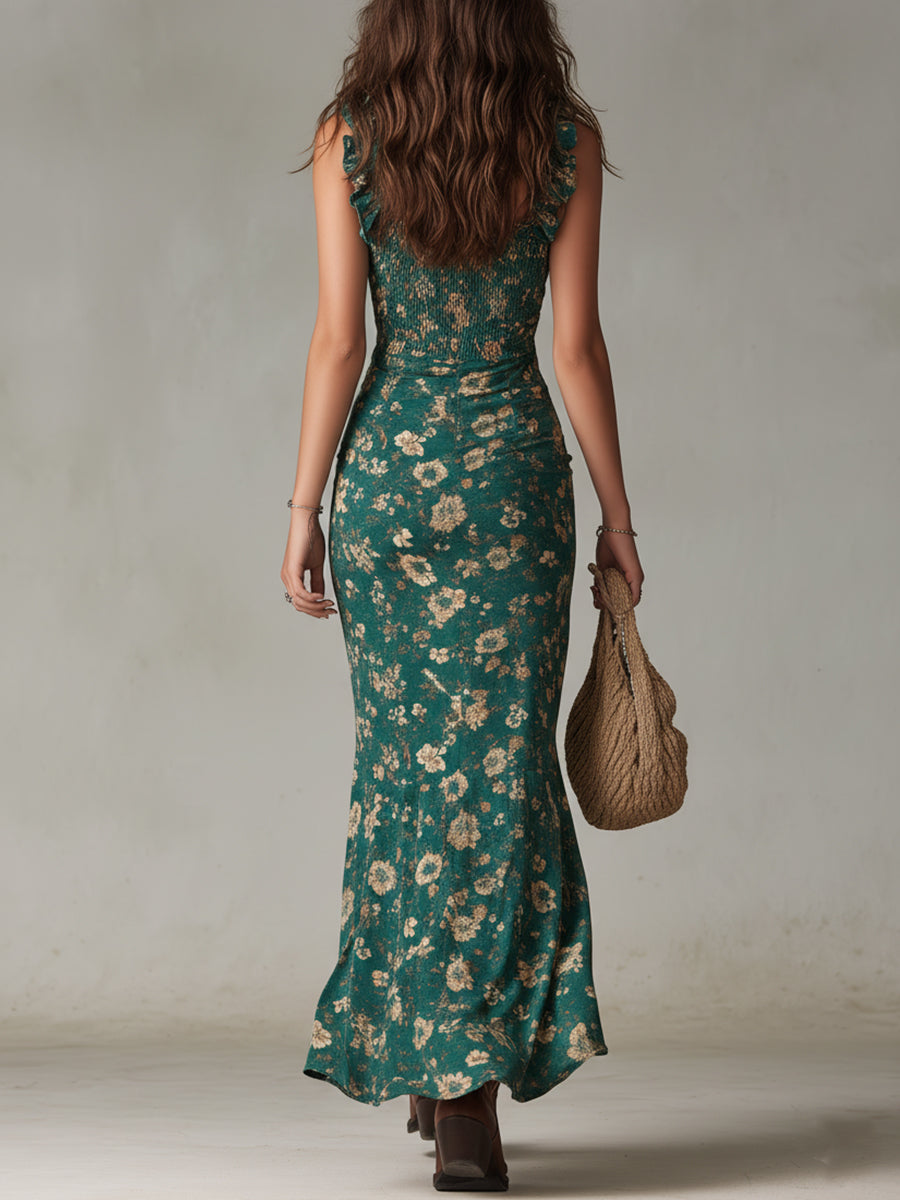 Ropa larga bohemia retro de tejido fluido con mangas abullonadas y elegante abertura