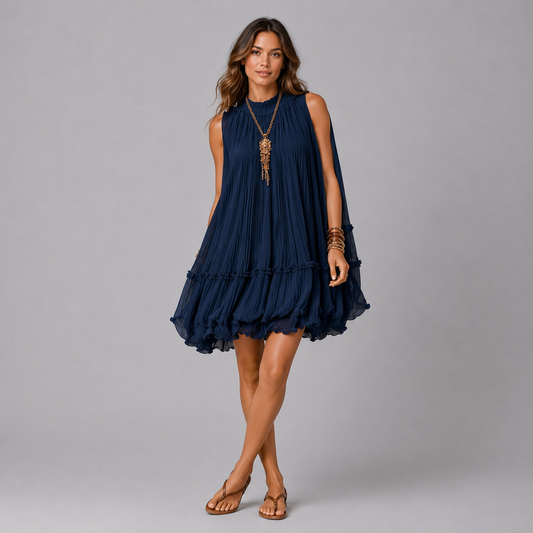 ROSALIND | MINI VESTIDO DE GASA CON CUELLO HALTER Y FALDA GLOBO